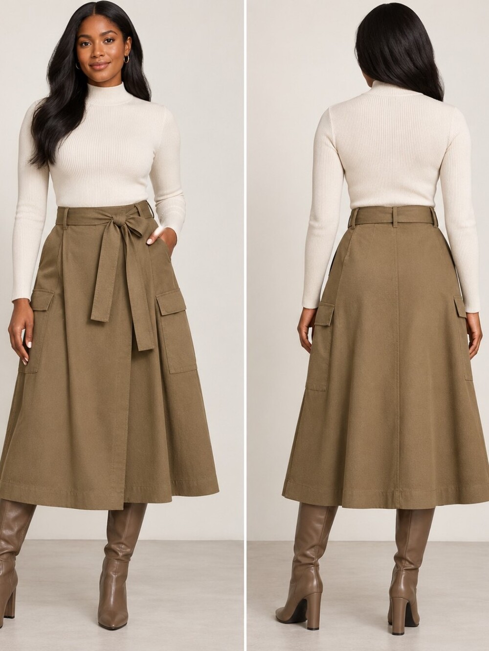 Contemporaine Simons Size 12 Khaki Cargo Midi Skirt Belted Utility A-Line